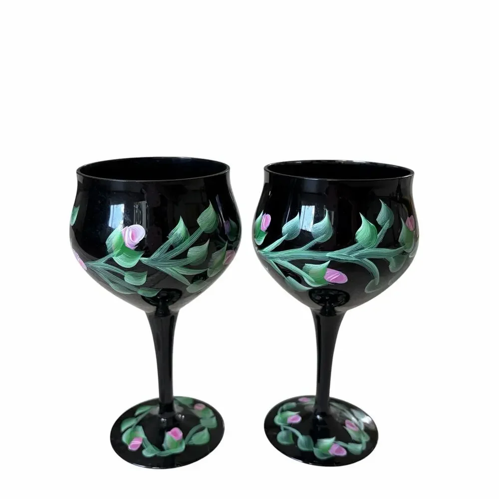 Vintage Hand Painted Floral Black Wine Goblets Set of 2 Chic Barware